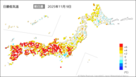 9日の最低気温前日差の分布図