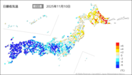 10日の最低気温前日差の分布図