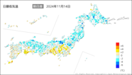 14日の最低気温前日差の分布図