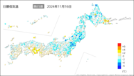 16日の最低気温前日差の分布図