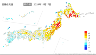 17日の最低気温前日差の分布図