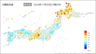 今日の最低気温前日差の分布図