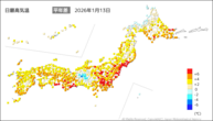 13日の最高気温平年差の分布図