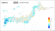 16日の最高気温平年差の分布図