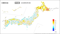 8日の最高気温平年差の分布図