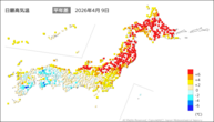 9日の最高気温平年差の分布図