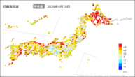 10日の最高気温平年差の分布図
