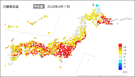 11日の最高気温平年差の分布図