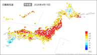 昨日の最高気温平年差の分布図