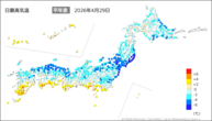 29日の最高気温平年差の分布図