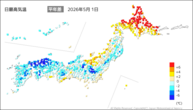 1日の最高気温平年差の分布図