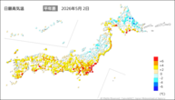 2日の最高気温平年差の分布図