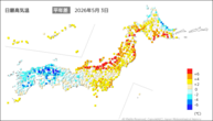 3日の最高気温平年差の分布図