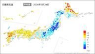 24日の最高気温平年差の分布図
