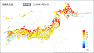 昨日の最高気温平年差の分布図