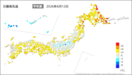 12日の最高気温平年差の分布図