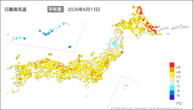 13日の最高気温平年差の分布図