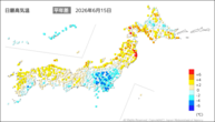 15日の最高気温平年差の分布図