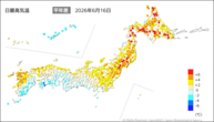 16日の最高気温平年差の分布図