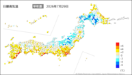 29日の最高気温平年差の分布図
