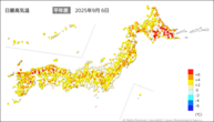 6日の最高気温平年差の分布図
