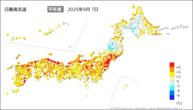 7日の最高気温平年差の分布図