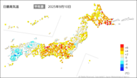 昨日の最高気温平年差の分布図
