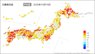 19日の最高気温平年差の分布図