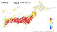 21日の最高気温平年差の分布図