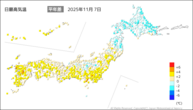 7日の最高気温平年差の分布図