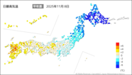 8日の最高気温平年差の分布図