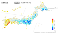 9日の最高気温平年差の分布図