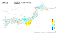 10日の最高気温平年差の分布図