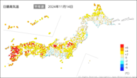 14日の最高気温平年差の分布図