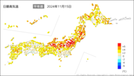 15日の最高気温平年差の分布図