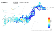 14日の最高気温前日差の分布図