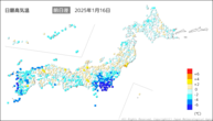 16日の最高気温前日差の分布図