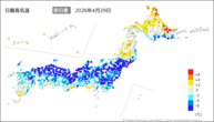 29日の最高気温前日差の分布図