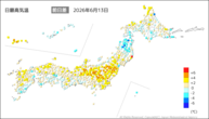 13日の最高気温前日差の分布図