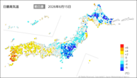 15日の最高気温前日差の分布図