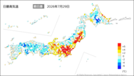 29日の最高気温前日差の分布図