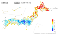 9日の最高気温前日差の分布図