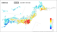 10日の最高気温前日差の分布図