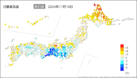 14日の最高気温前日差の分布図