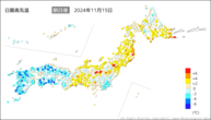 15日の最高気温前日差の分布図