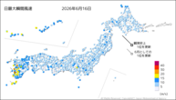 16日の最大瞬間風速の分布図