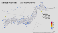 今日の最大風速（10分平均値）の分布図