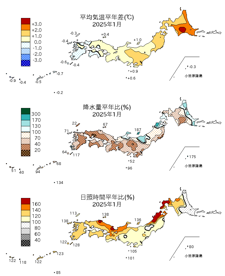 (図表)気温平年差、降水量平年比、日照時間平年比の分布