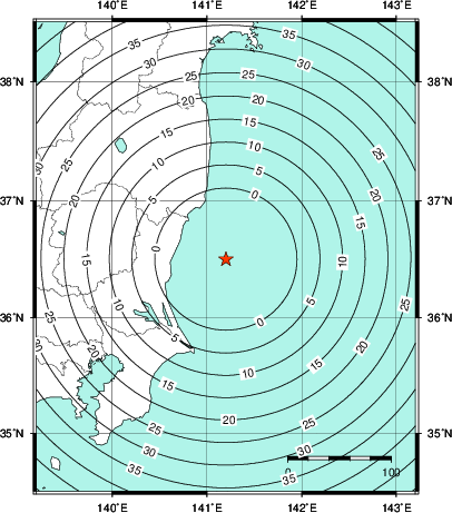緊急地震速報第1報提供から主要動到達までの時間及び推計震度分布図