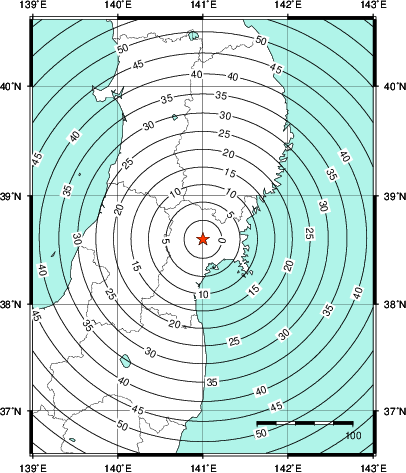 緊急地震速報第1報提供から主要動到達までの時間及び推計震度分布図